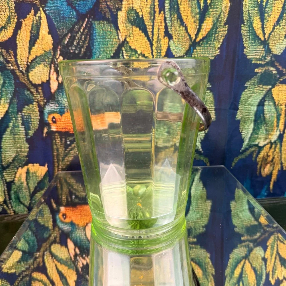 Vintage Green Uranium Glass Ice Bucket‎ Paneled Vaseline Glass Glows UV 6 Inch